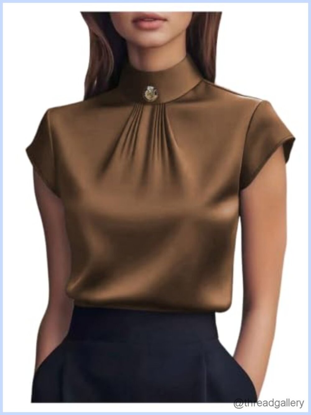 Women's Satin Mock Neck Ruched Cap Sleeve Blouse
